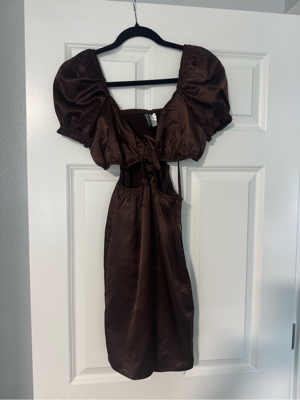H&M Chocolate Brown Satin Mini Dress with Puff Sleeves